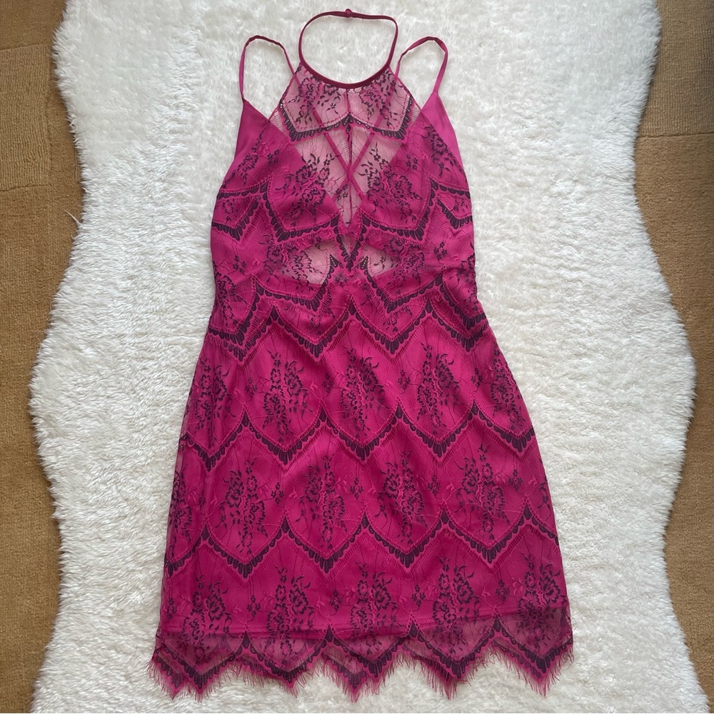 Free People Nothing like this black raspberry lace overlay open back mini dress - Picture 2 of 10
